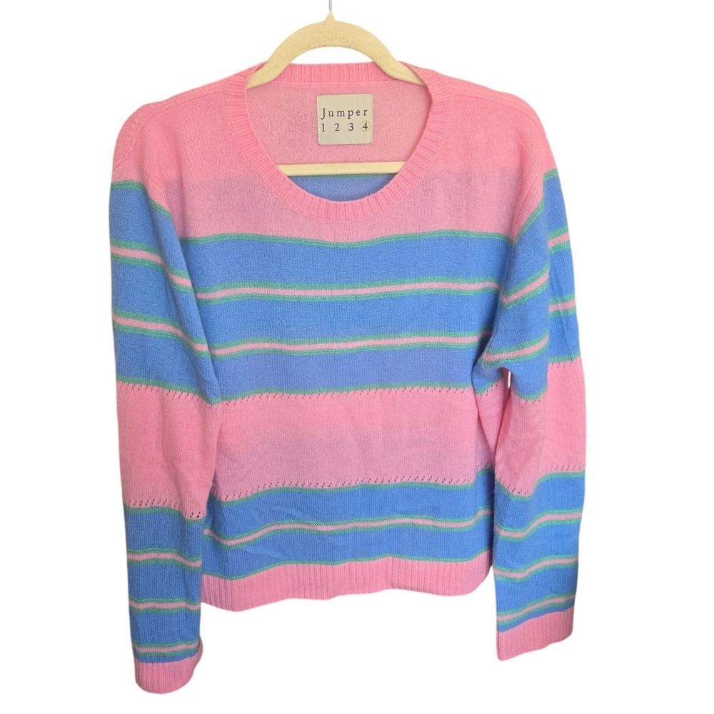 Jumper 1234 Cashmere Sweater Stripe Crewneck Blue Pink Green Pullover 4 Large